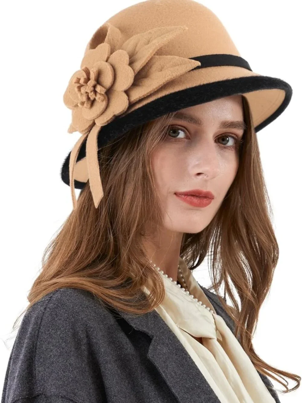 Vintage Wool Felt Bucket Hat for Women - Cloche Fedora Winter Bowler with Bow